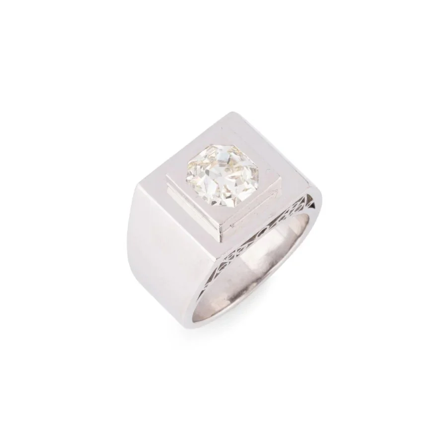 Bague Chevalière en platine et diamants - Image 5