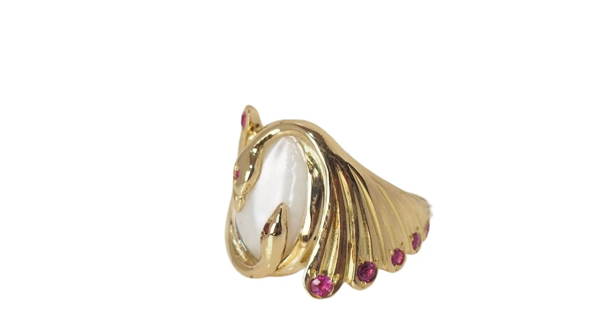 Bague Toi et Moi en or jaune, pierre de lune et rubis - Image 6