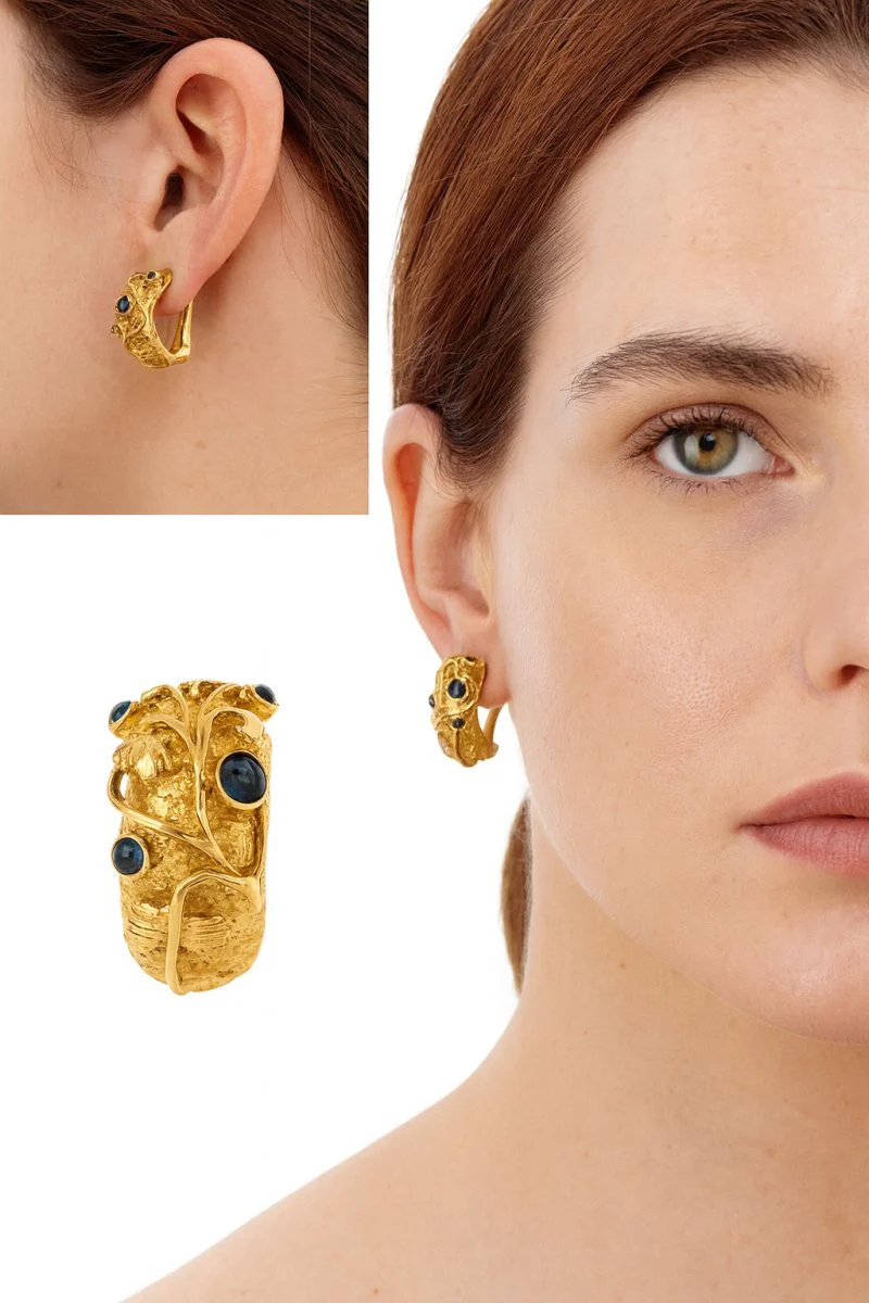 Boucles d'oreilles Clip en or jaune émail bleu et saphir - Image 7