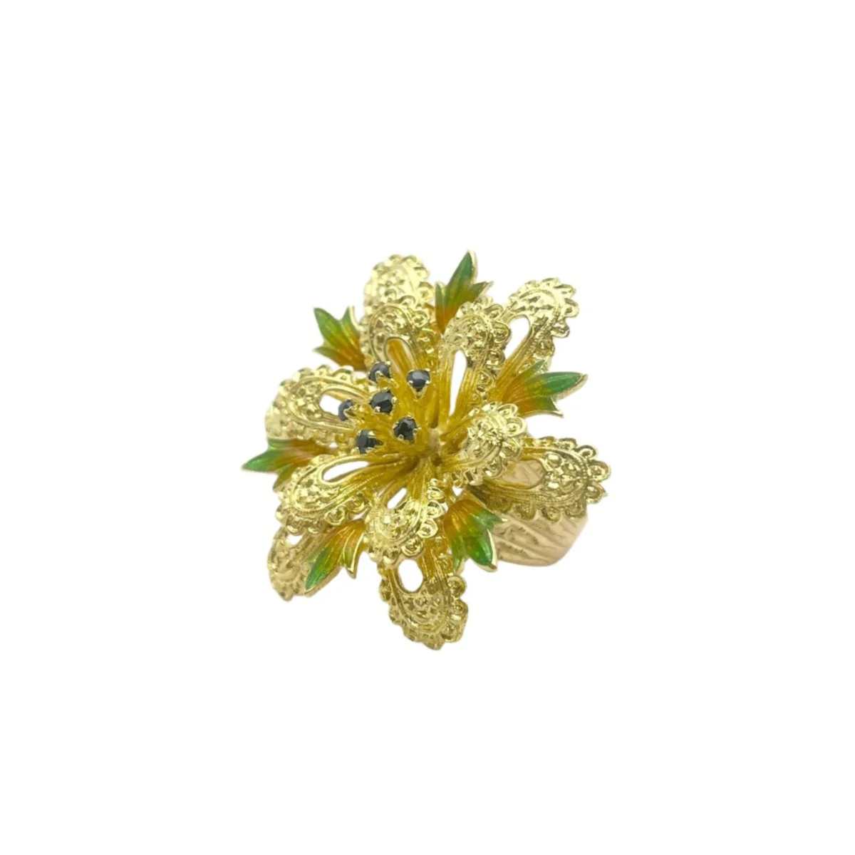 Bague en or jaune, émaux et saphirs naturels - Image 5