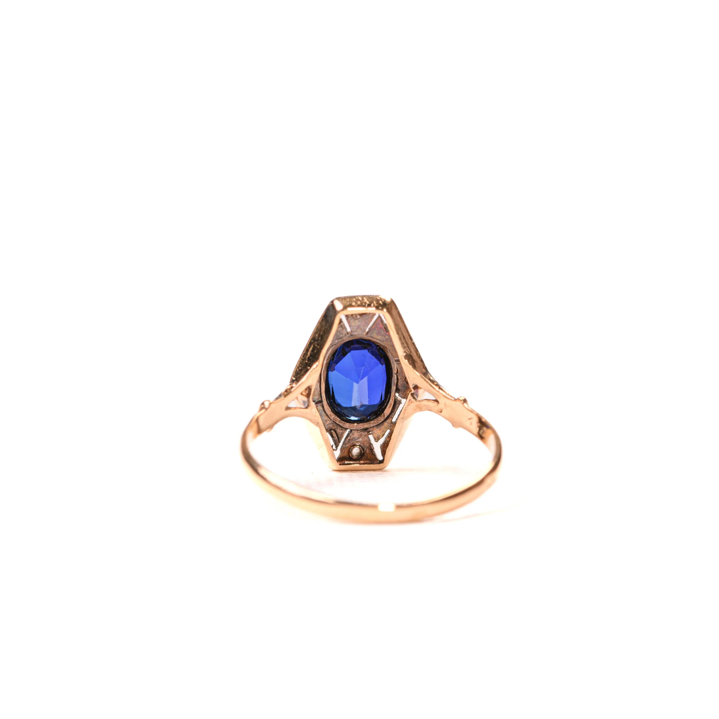 Bague ancienne hexagonale saphir diamants en or deux tons - Image 4