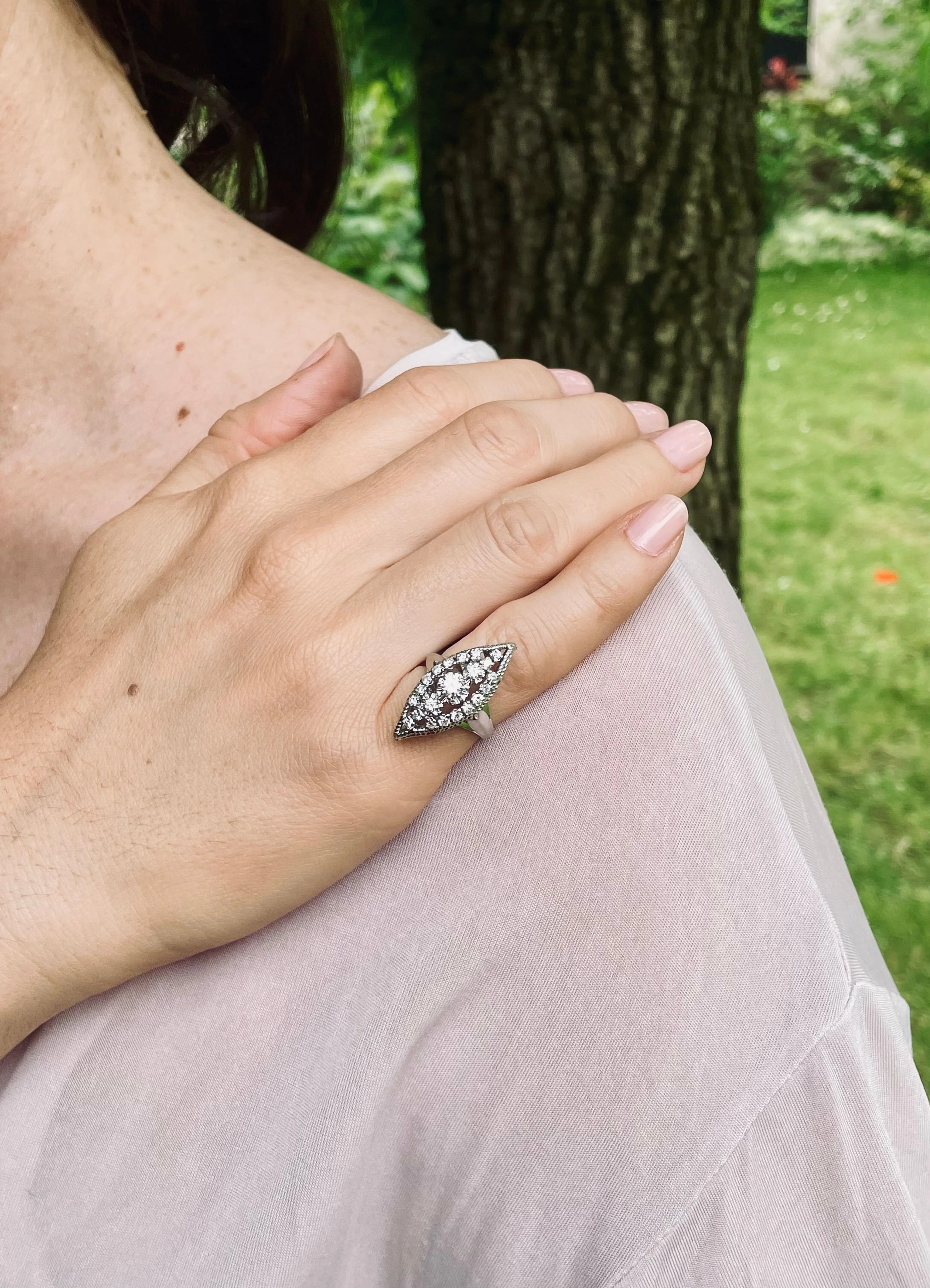 Bague Marquise diamants en or blanc et platine - Image 4