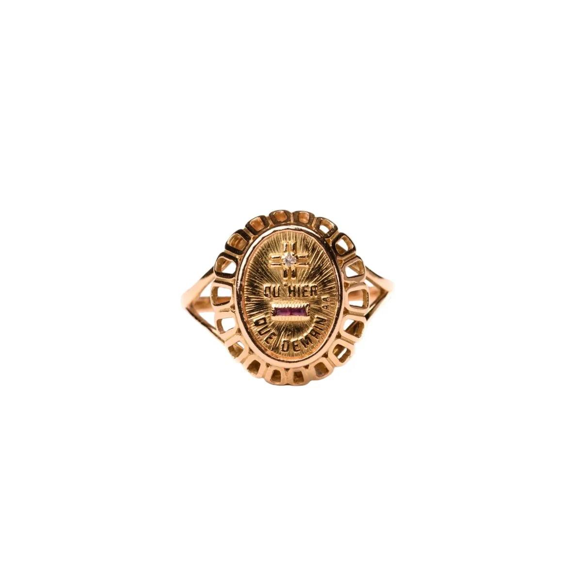 Bague chevalière Augis vintage diamant rubis en or jaune