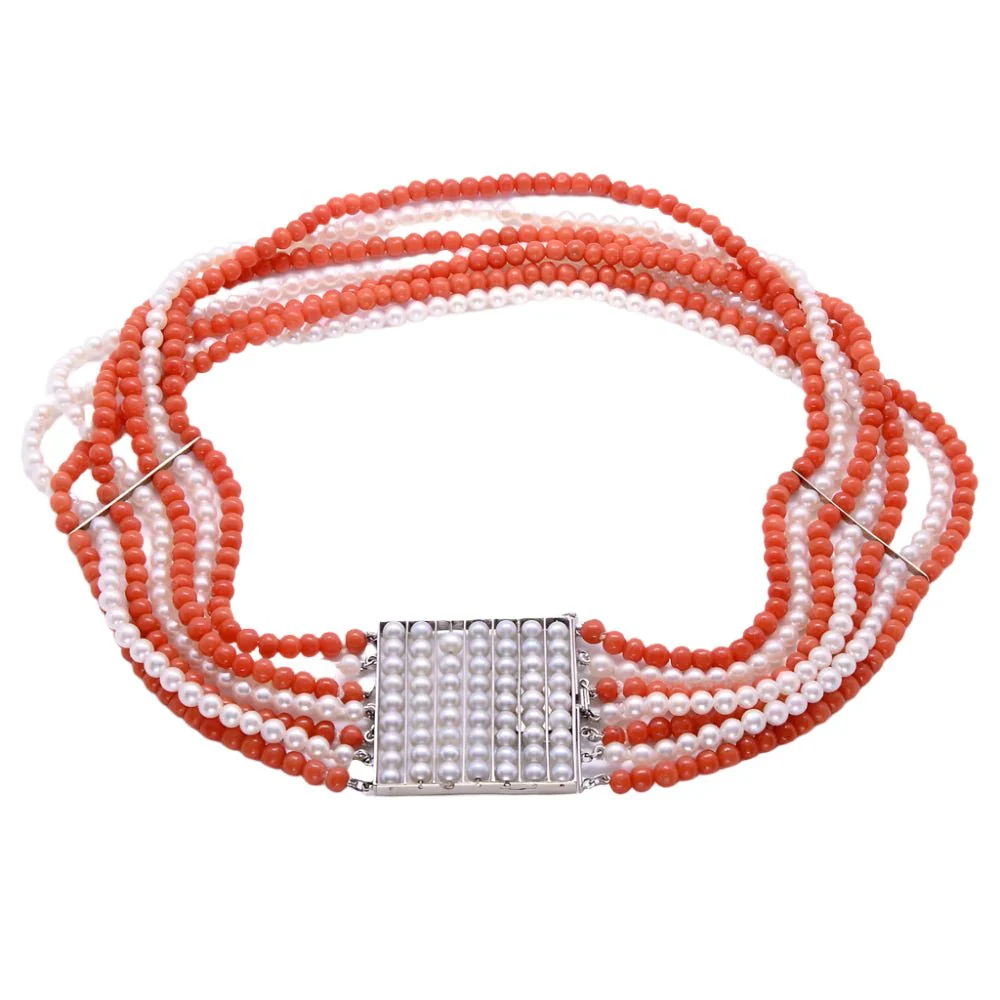 Collier ras de cou, en or blanc, corail et perles