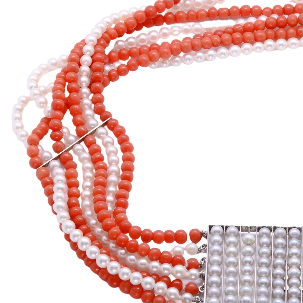 Collier ras de cou, en or blanc, corail et perles - Image 4