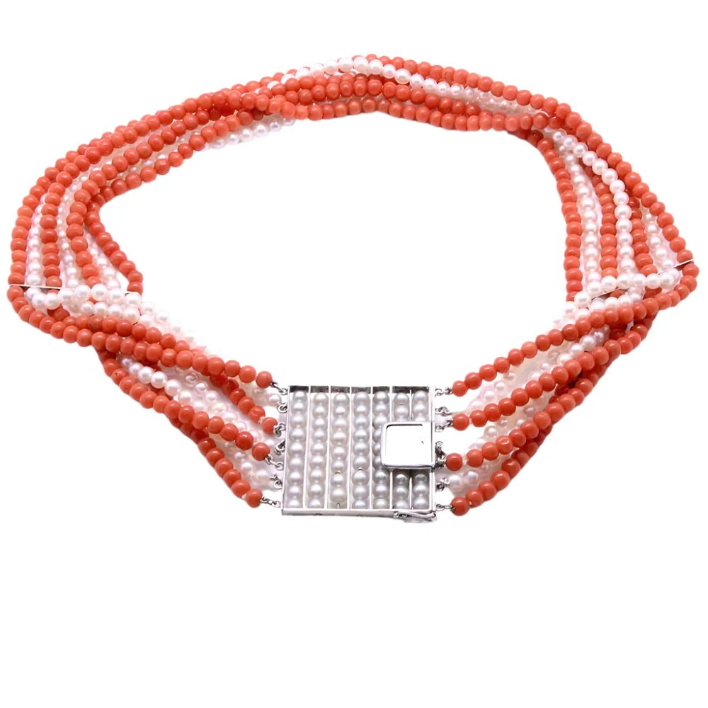 Collier ras de cou, en or blanc, corail et perles - Image 5