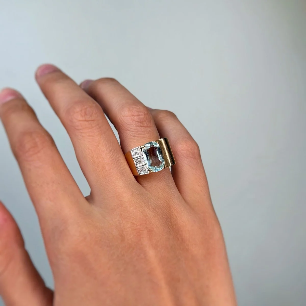 Bague Tank - Or jaune, Platine, Aigue-Marine et Diamants - Image 5