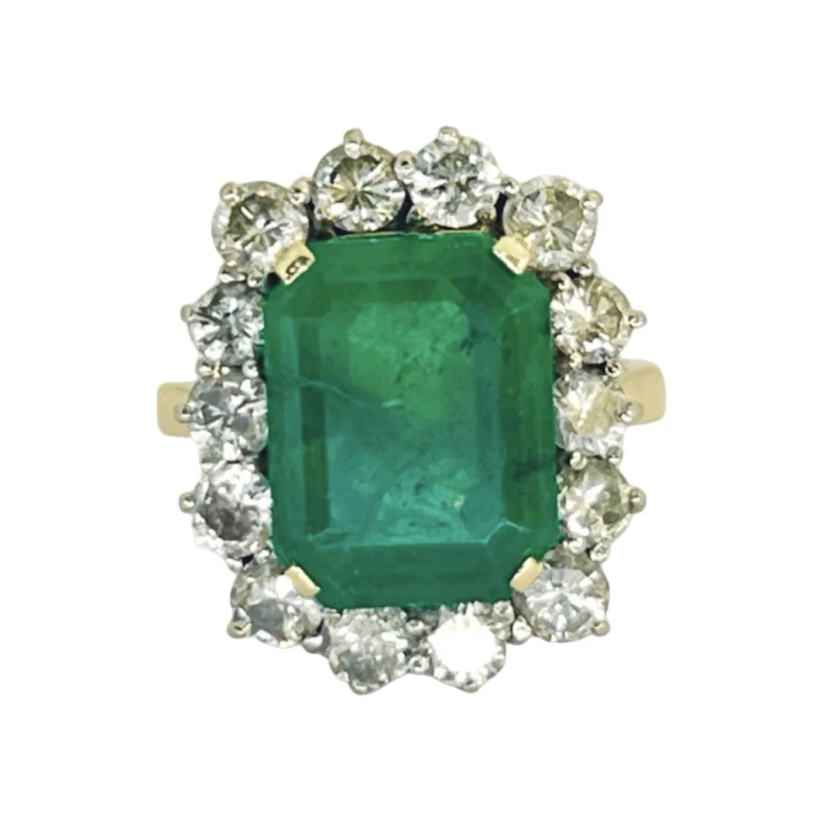 Bague Entourage en or jaune, émeraude et diamants