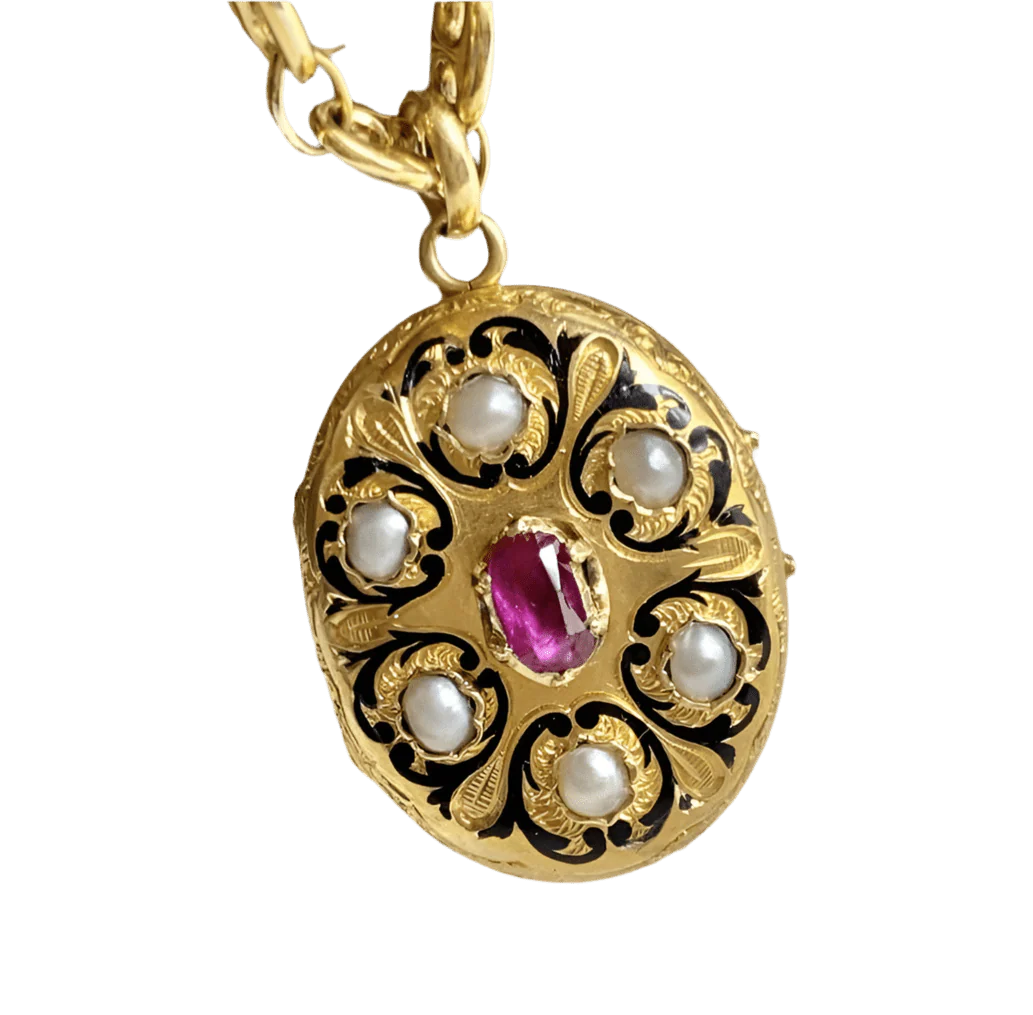Médaille en or jaune, émail, perles et rubis