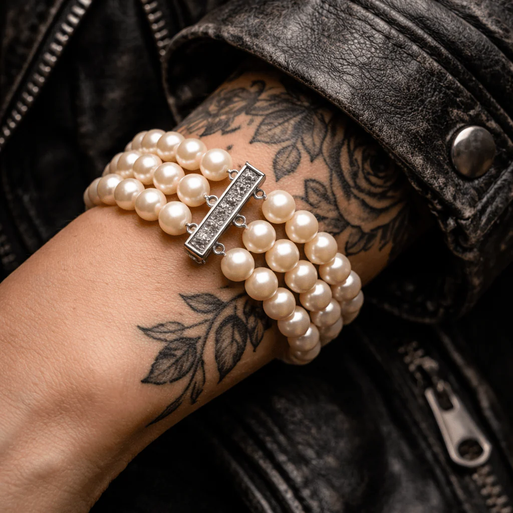 Bracelet Souple en or blanc, perles et diamants - Image 2