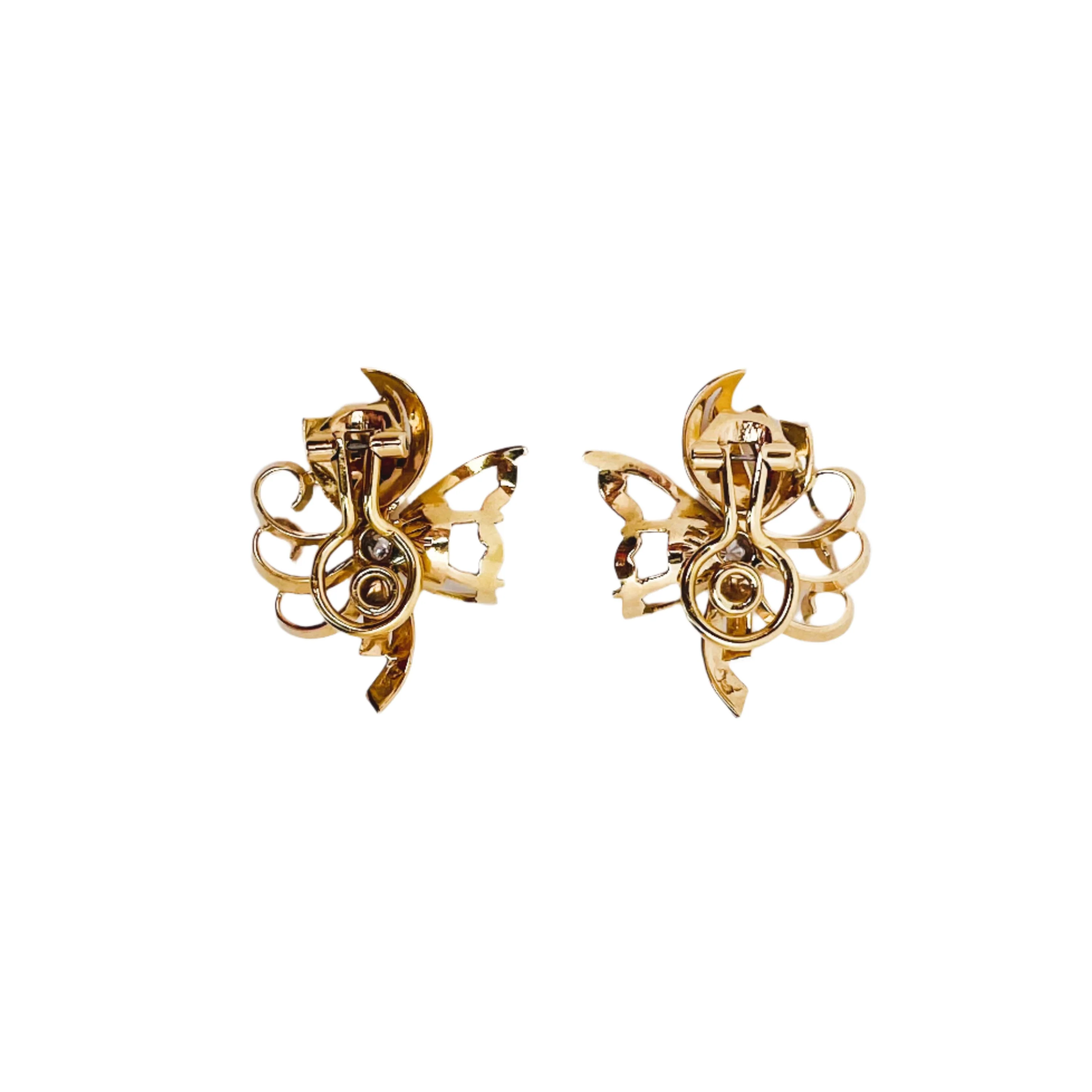 Boucles d'oreilles clips fleur diamants en or jaune et platine - Image 4