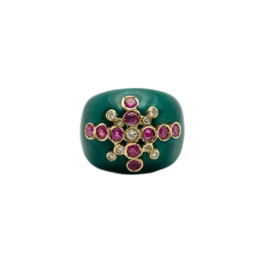Bague en or jaune, rubis, émail et diamants