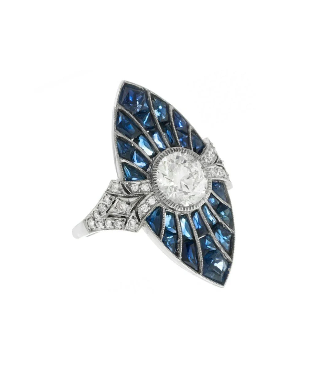 Bague Marquise en platine, saphirs et diamants - Image 3