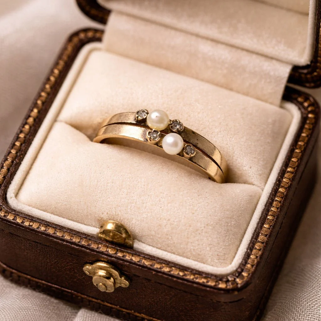 Bague en or jaune, perles, et diamants - Image 3