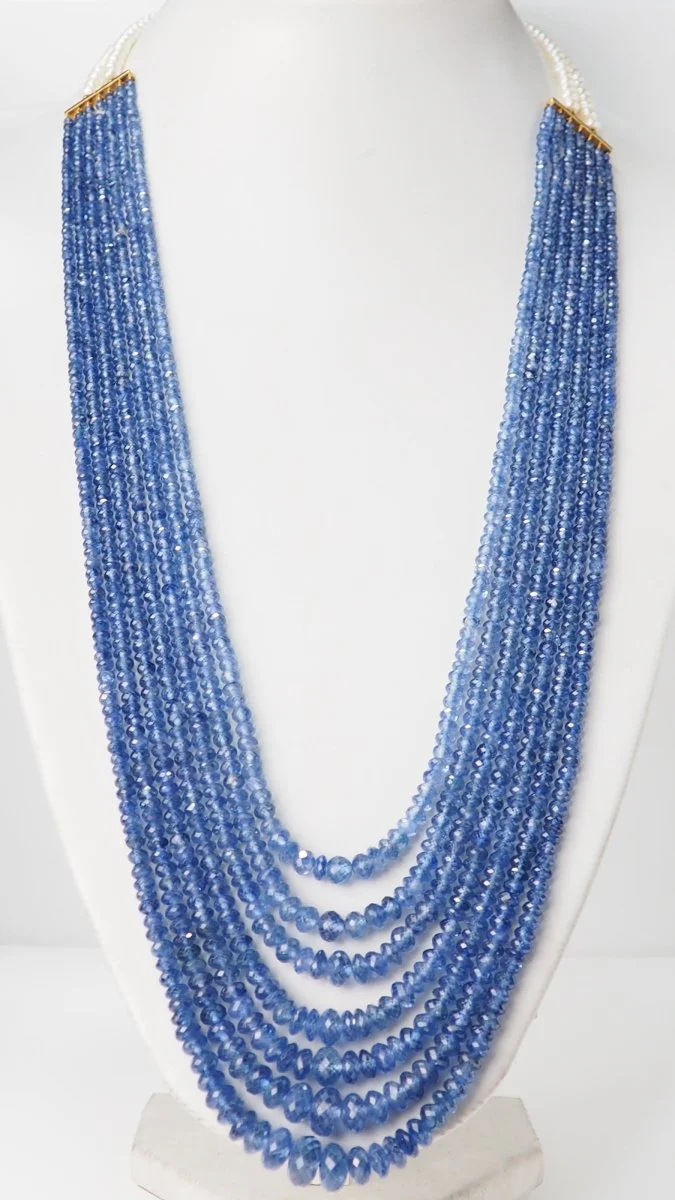Collier 7 rangs de saphirs or jaune et perles de culture