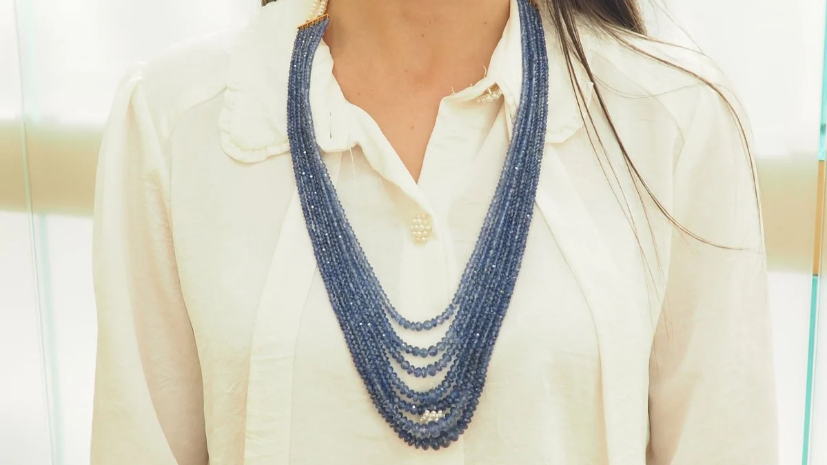 Collier 7 rangs de saphirs or jaune et perles de culture - Image 2