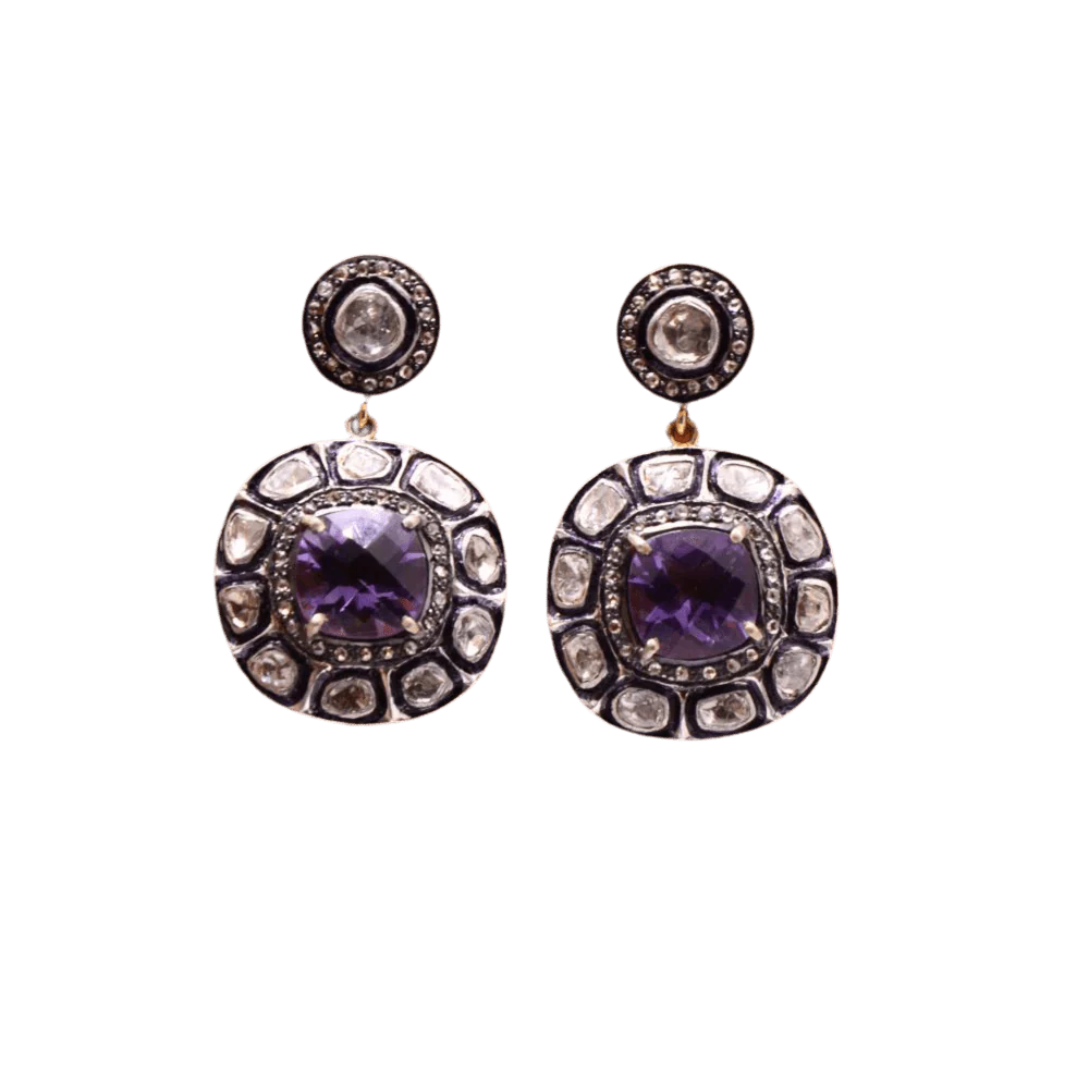 Boucles d'oreilles Pendantes en argent, vermeil, améthyste et diamants