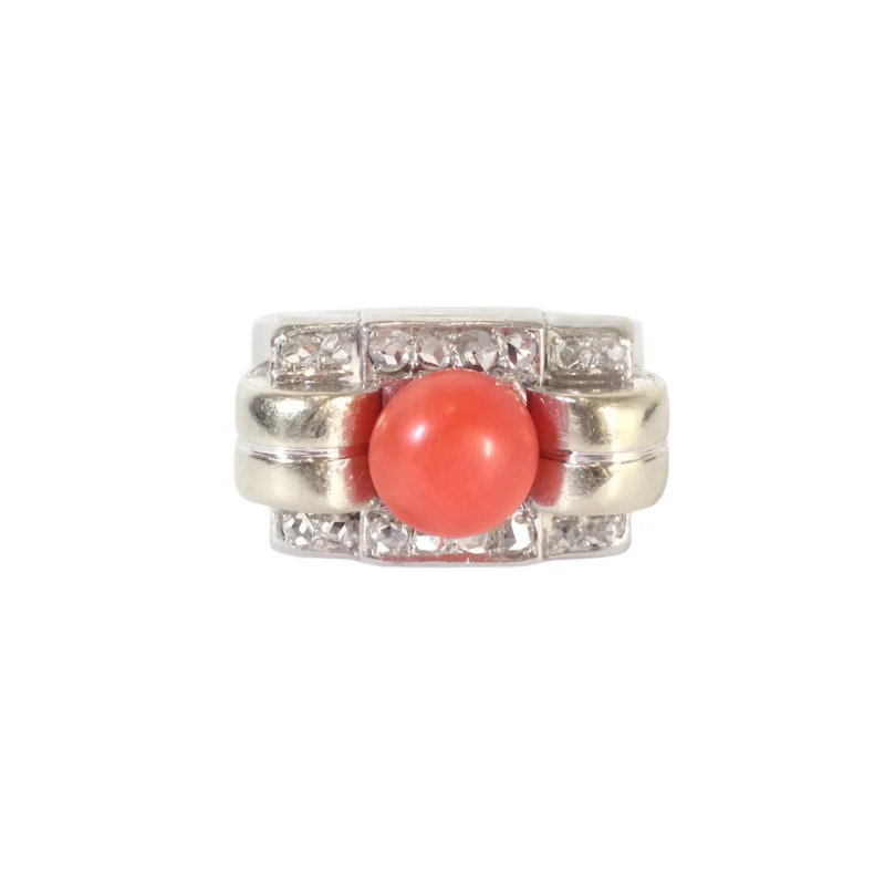 Bague Tank corail diamants en or