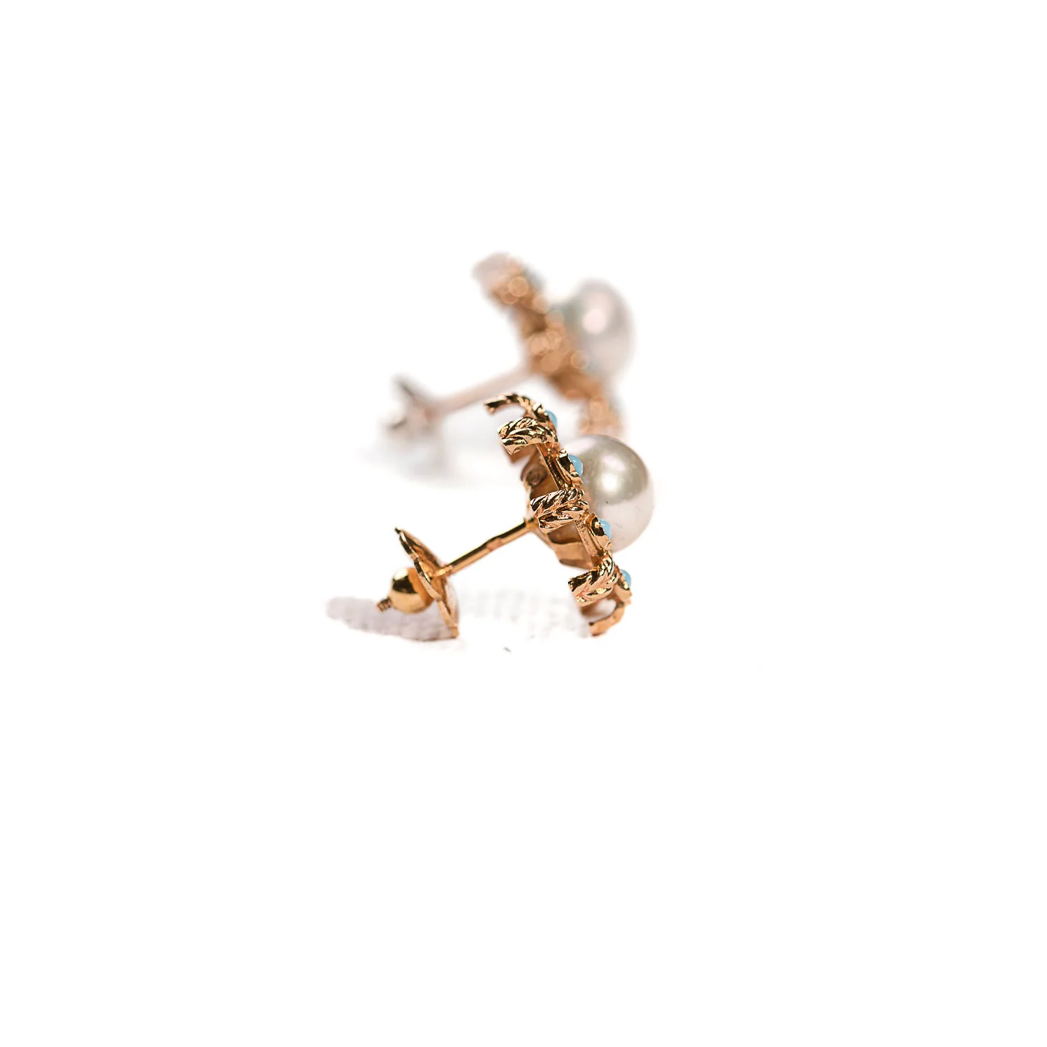 Boucles d'oreilles Puces perles et turquoises en or jaune