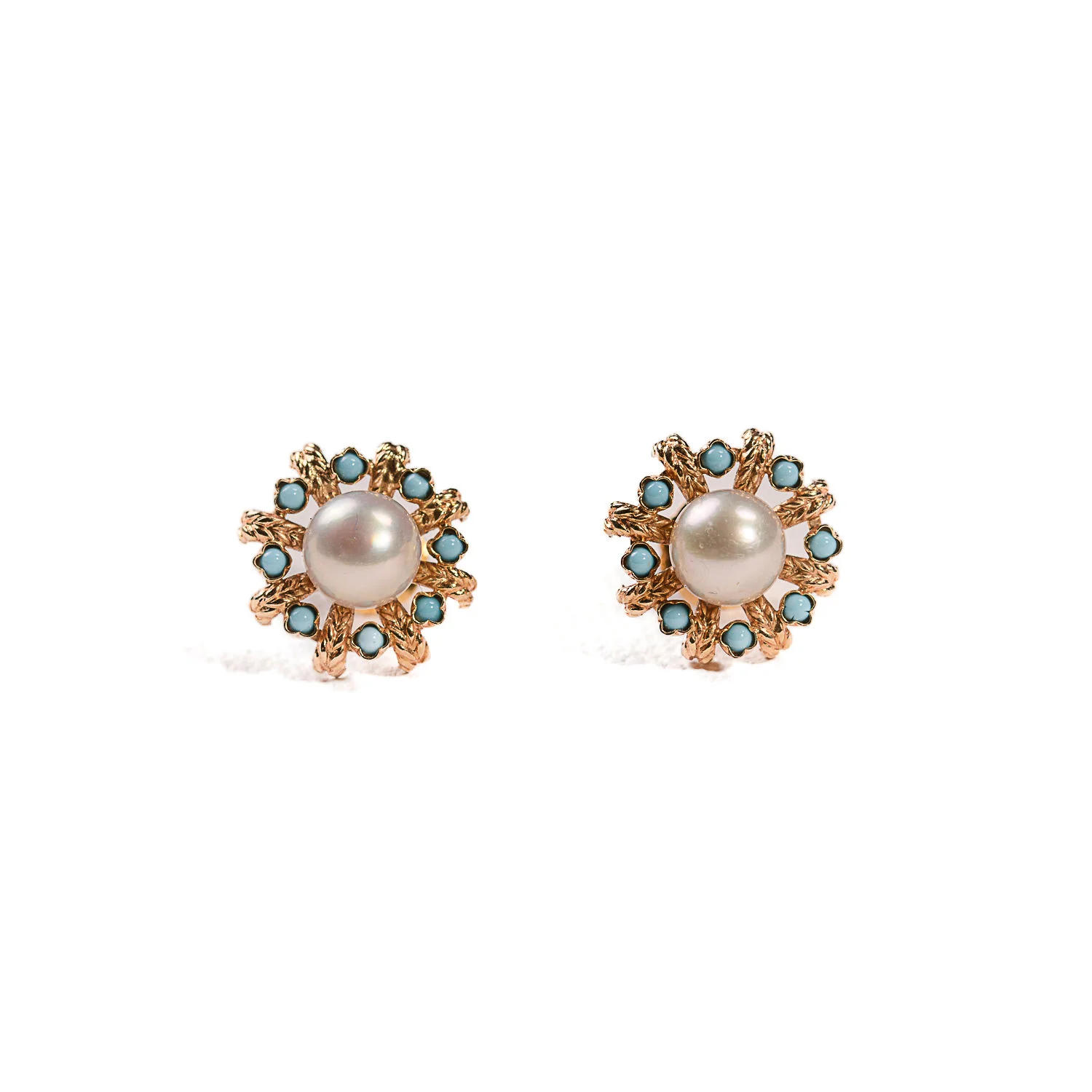Boucles d'oreilles Puces perles et turquoises en or jaune - Image 2
