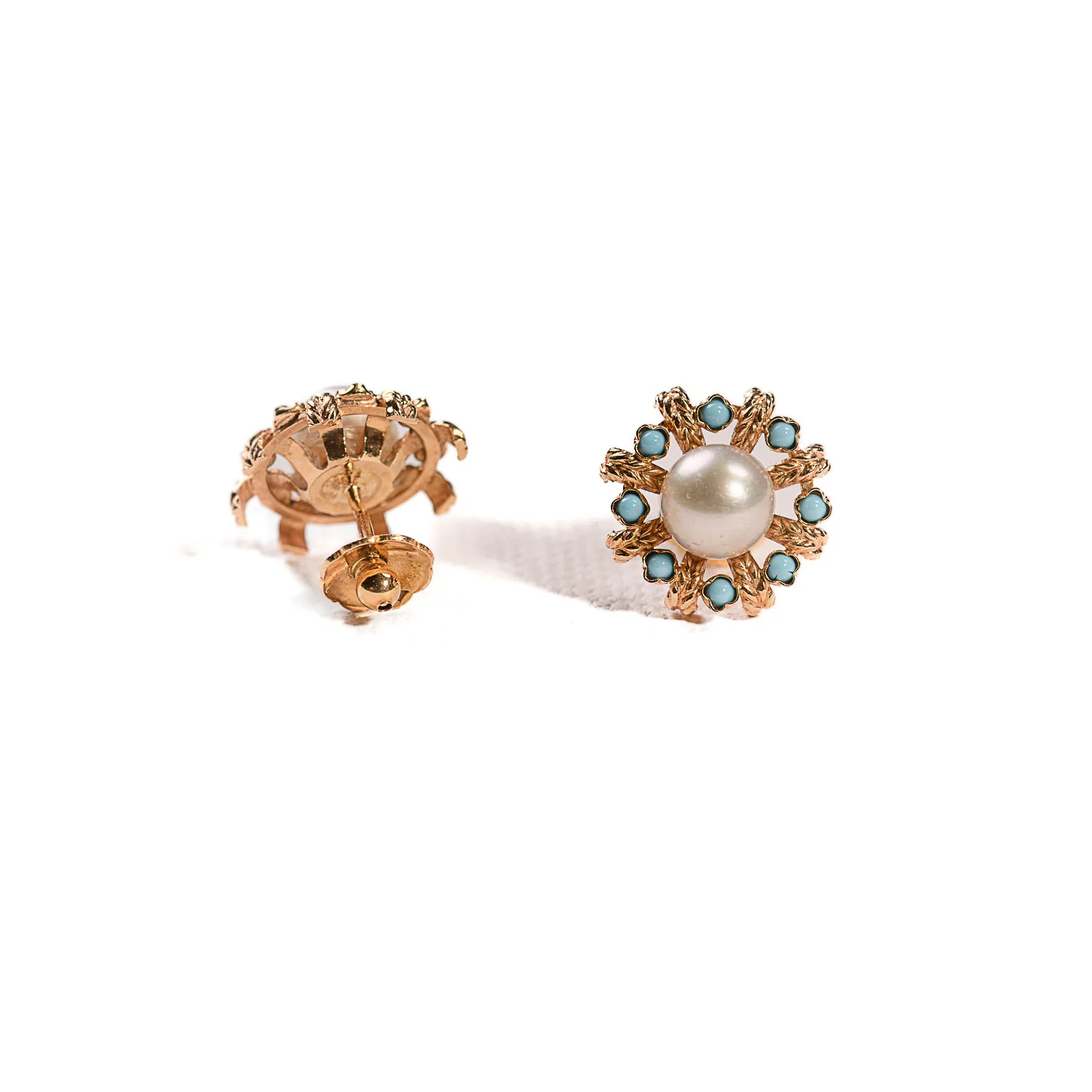 Boucles d'oreilles Puces perles et turquoises en or jaune - Image 3