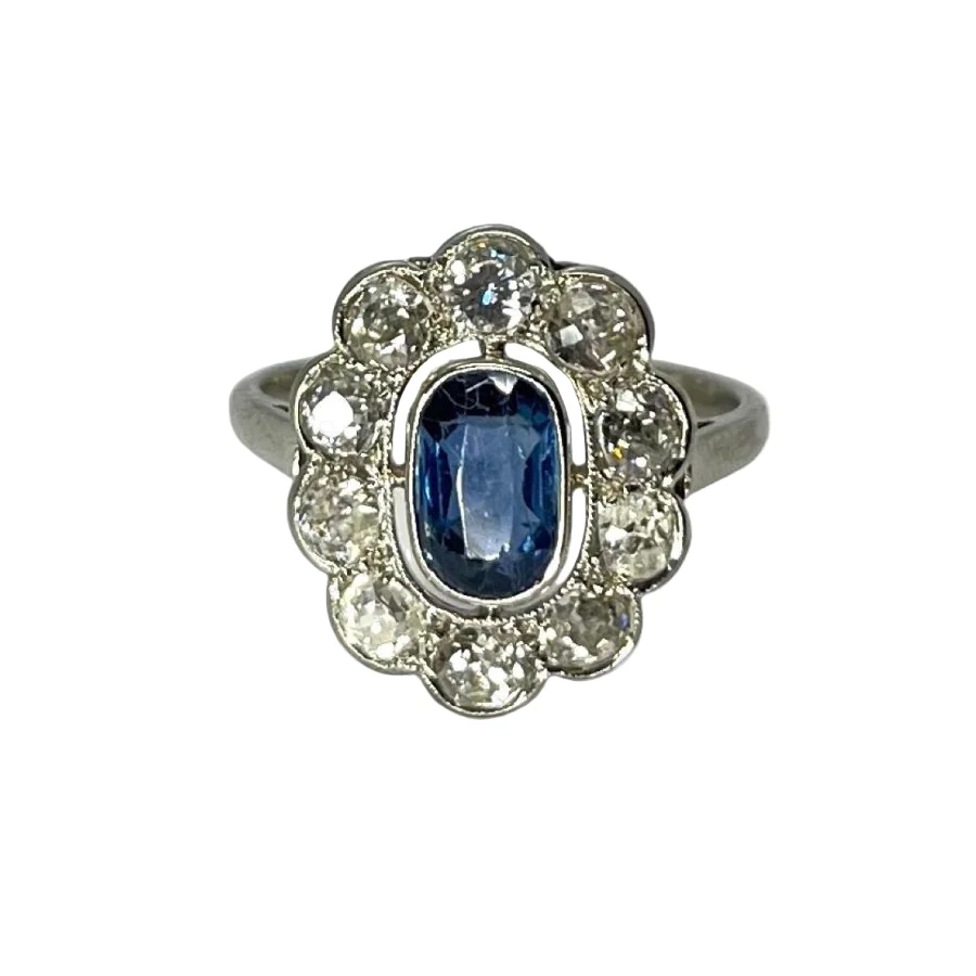 Bague marguerite vintage or blanc saphir 1 ct et diamants 1,5 ct