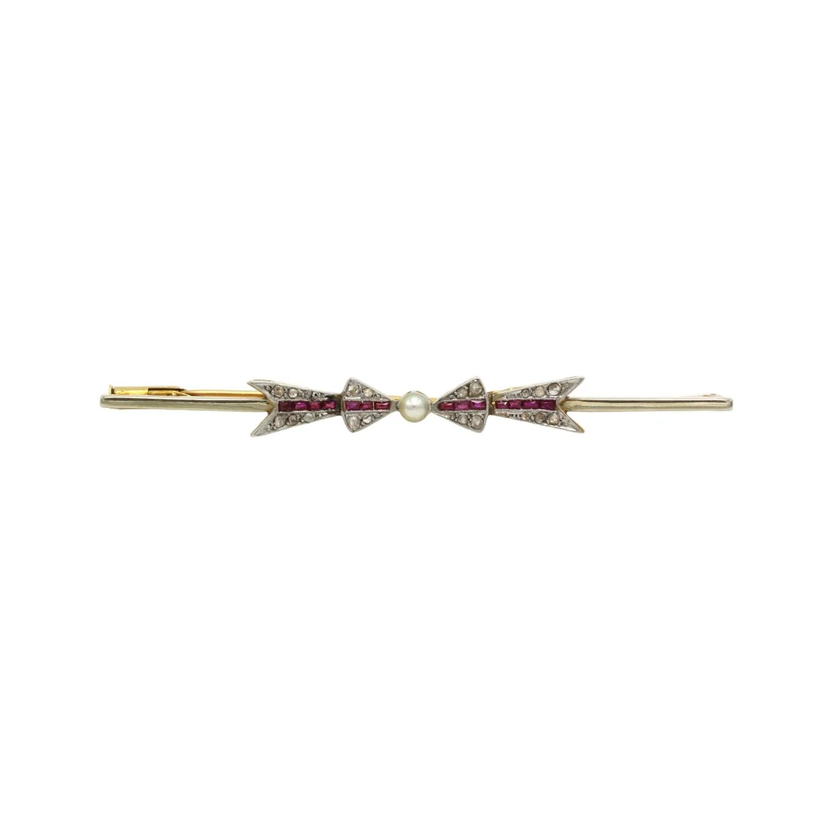 Broche Barrette en or jaune, platine, perles, rubis et diamants