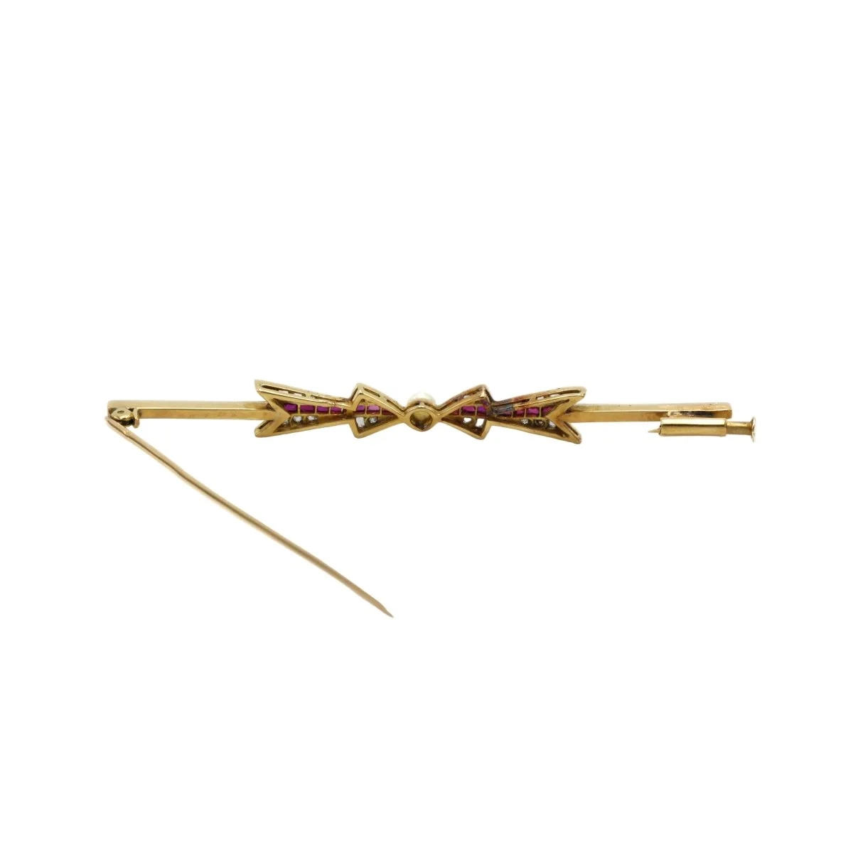 Broche Barrette en or jaune, platine, perles, rubis et diamants - Image 2