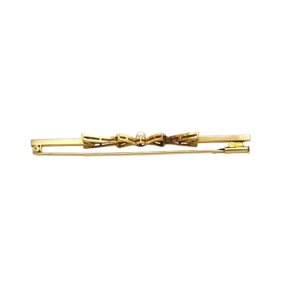 Broche Barrette en or jaune, platine, perles, rubis et diamants - Image 3