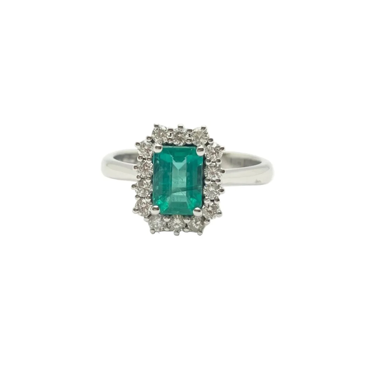 Bague Entourage en or blanc, émeraude et diamants