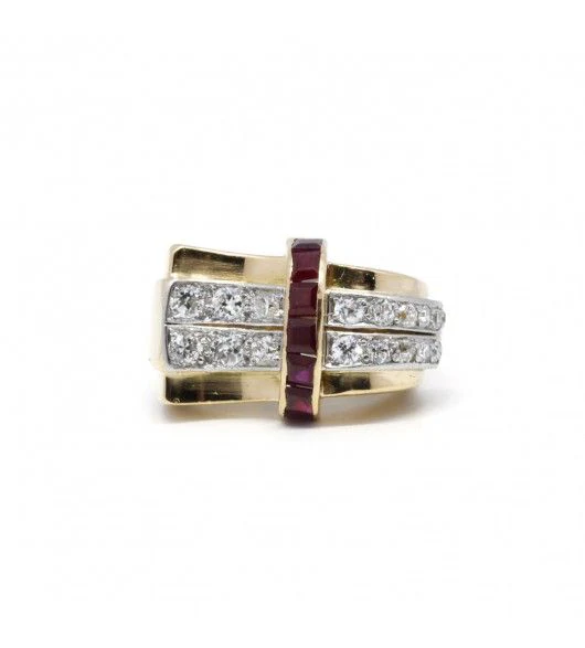 Bague Tank - Or. Platine. Rubis & Diamants