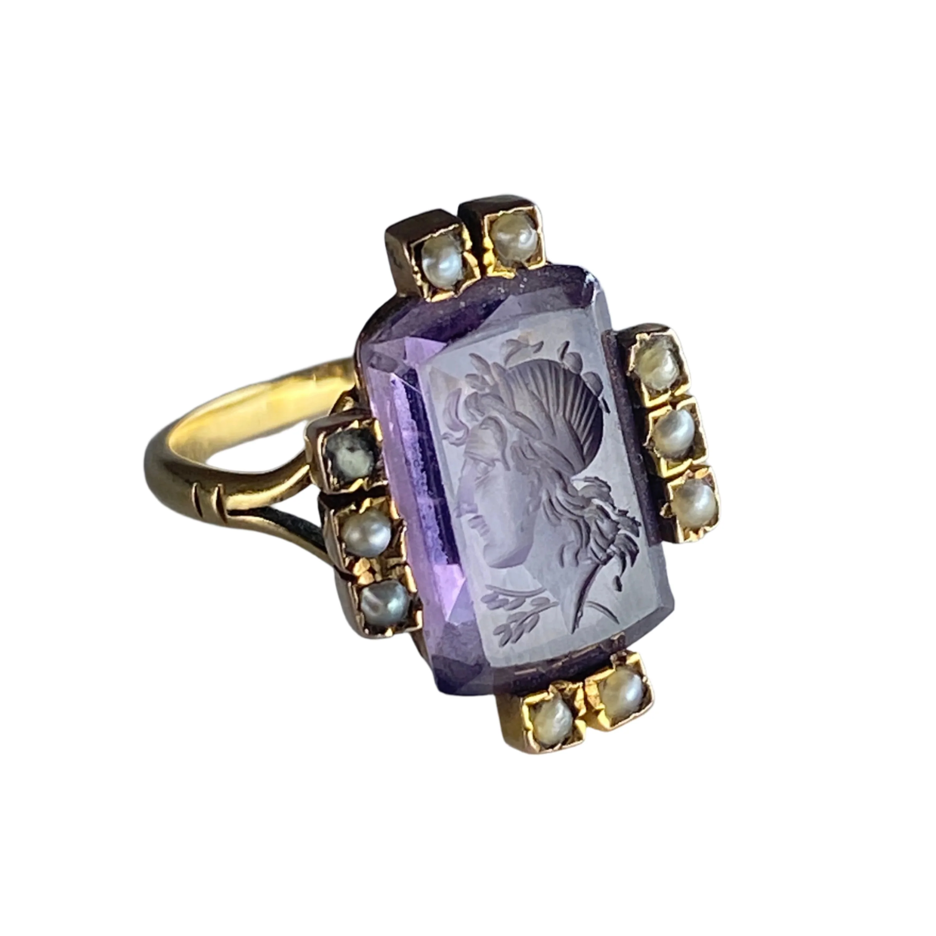 Bague Chevalière intaille en or jaune, verre et perles - Image 2