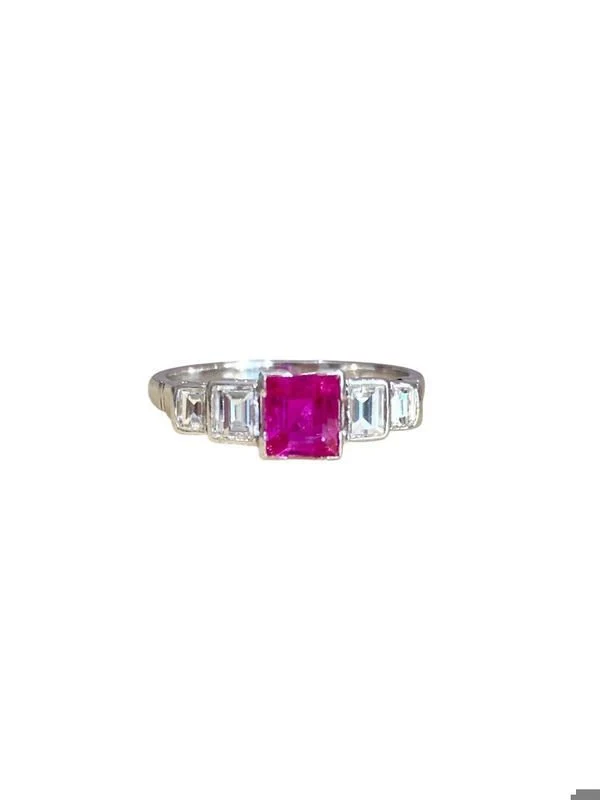 Bague vintage en platine sertie d'un saphir rose et diamants - Image 2
