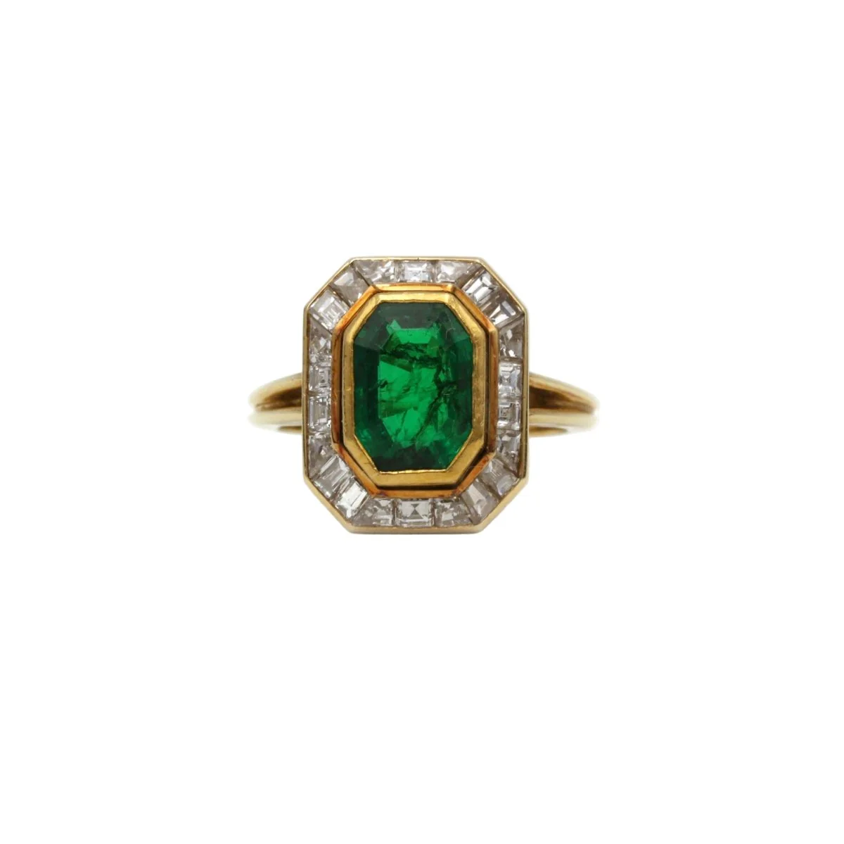 Bague - Or jaune, Diamants et Emeraude