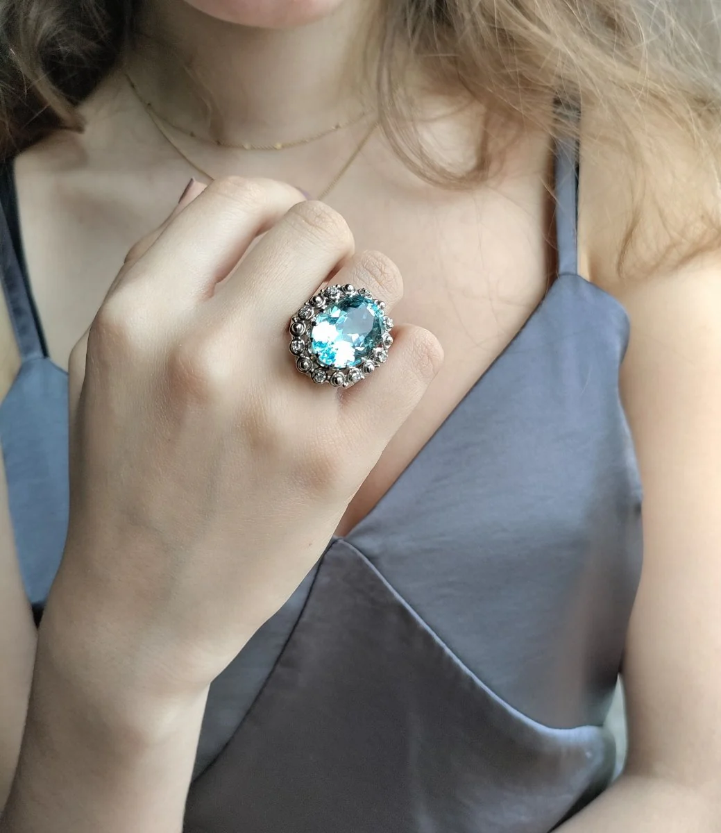 Bague Cocktail aigue-marine or blanc - Image 4