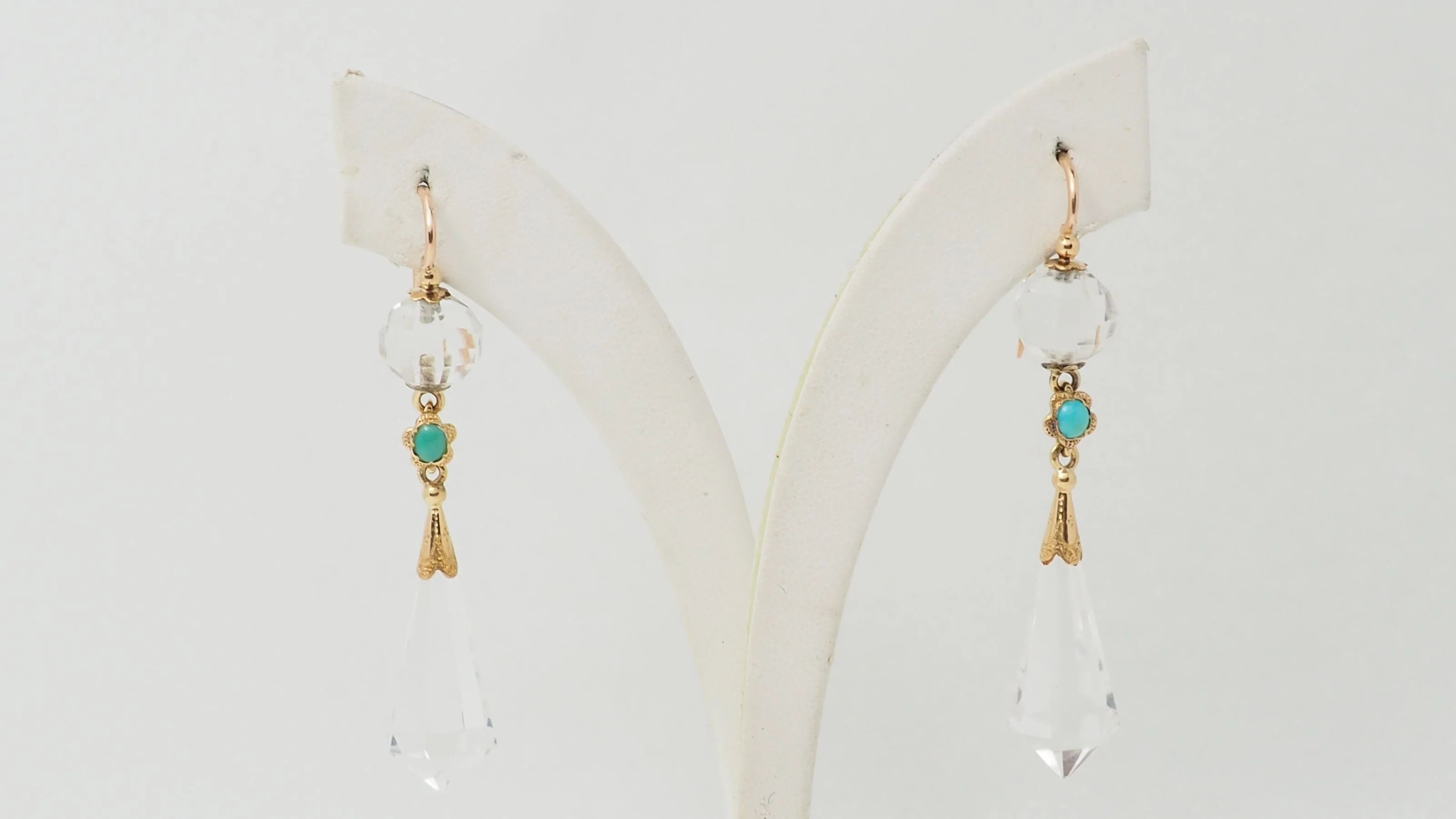Boucles d'oreilles en or jaune, cristal de roche et turquoise - Image 3