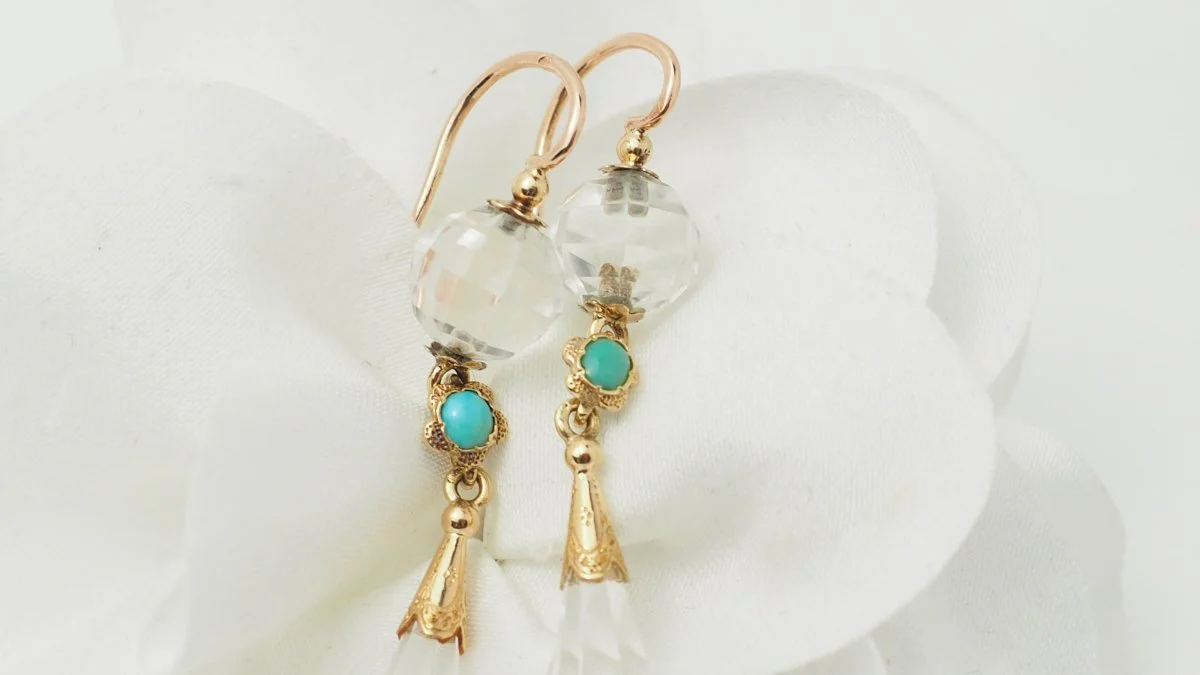 Boucles d'oreilles en or jaune, cristal de roche et turquoise - Image 4