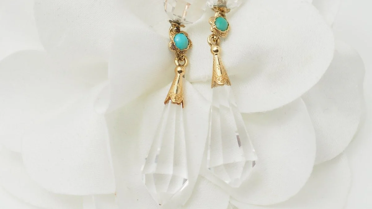 Boucles d'oreilles en or jaune, cristal de roche et turquoise - Image 5