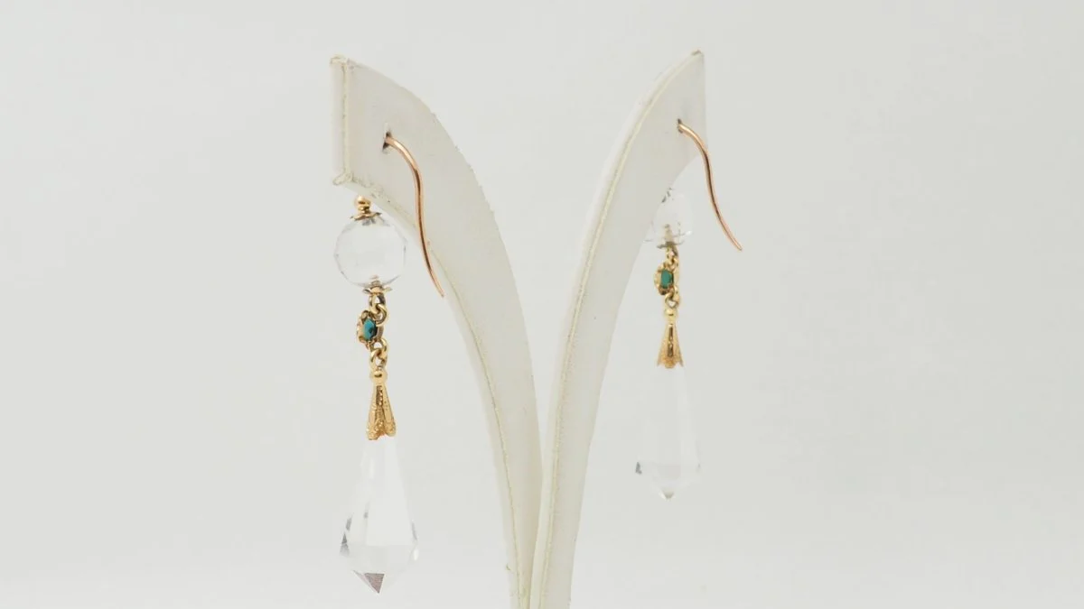Boucles d'oreilles en or jaune, cristal de roche et turquoise - Image 6