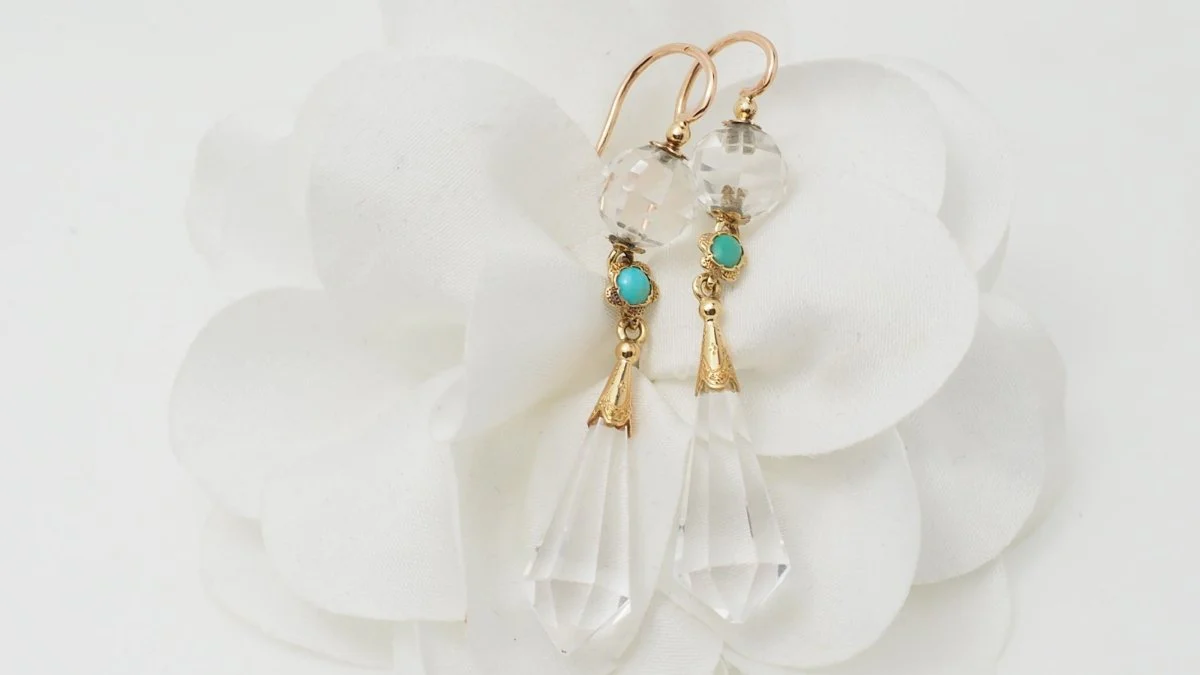 Boucles d'oreilles en or jaune, cristal de roche et turquoise - Image 7