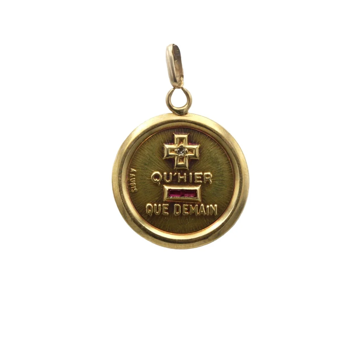 Pendentif AUGIS "Médaille d'amour" en or jaune, diamants, et rubis