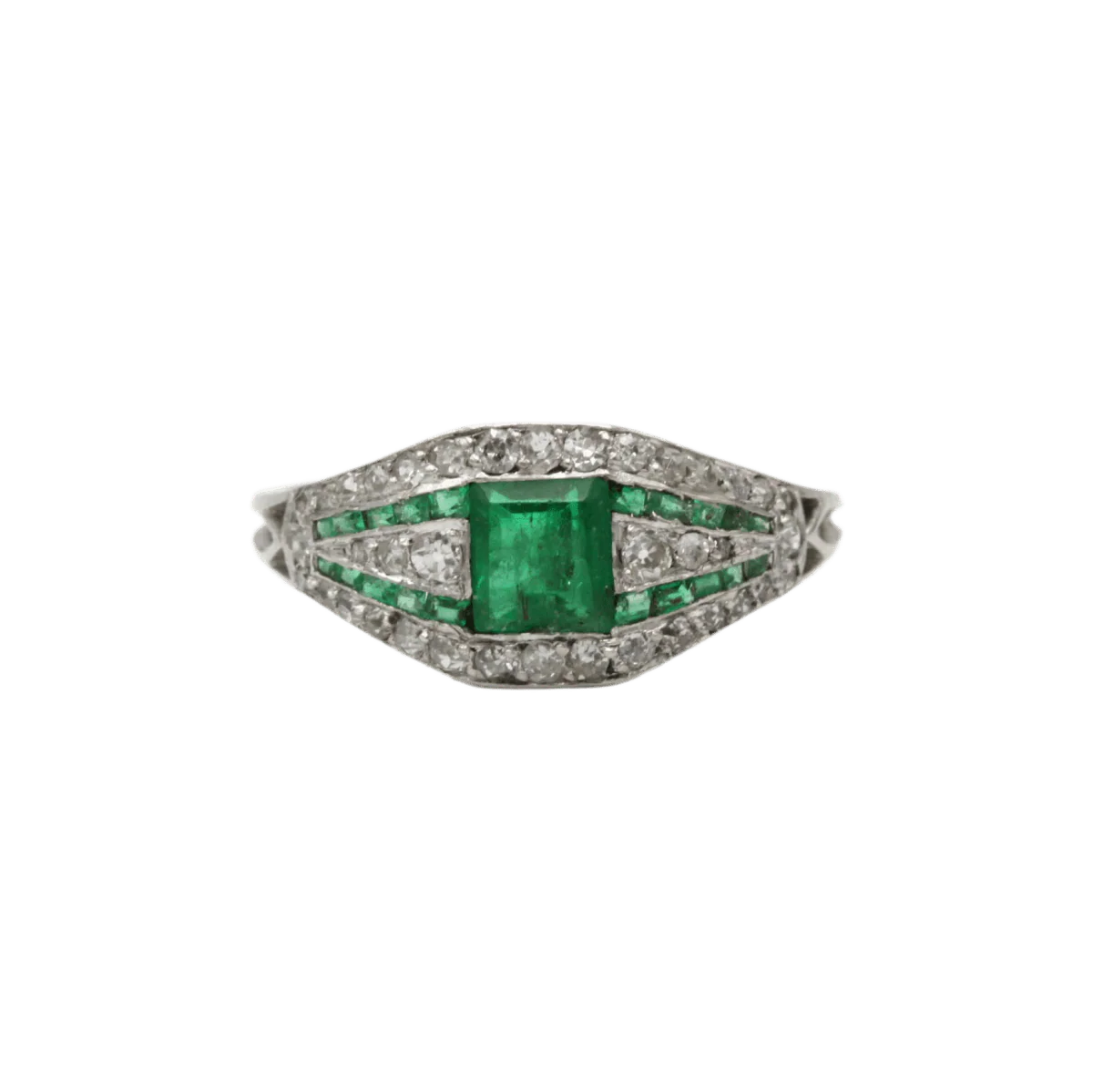 Bague Jarretière en platine, émeraudes et diamants