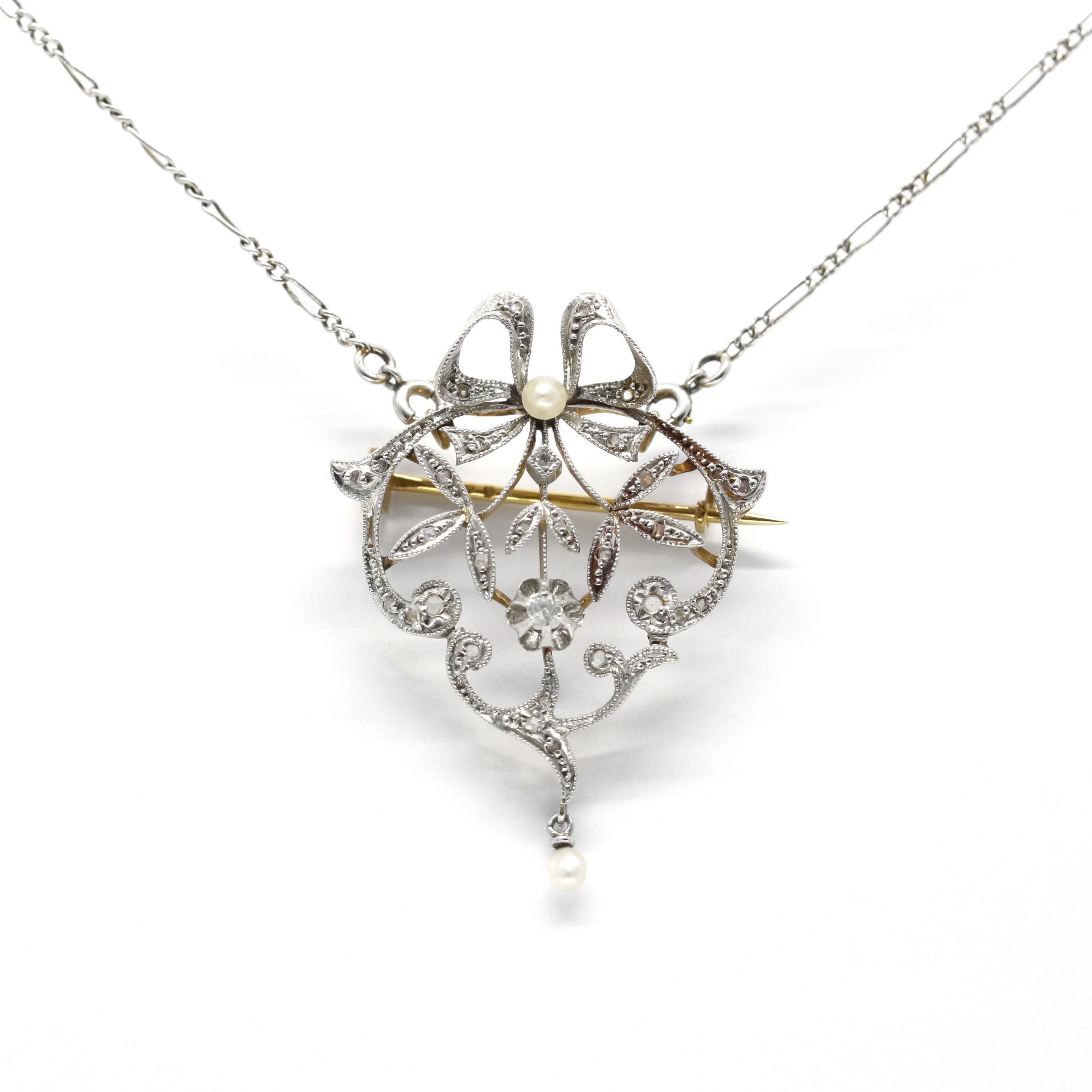 Collier Broche - Or, platine, diamants et perles