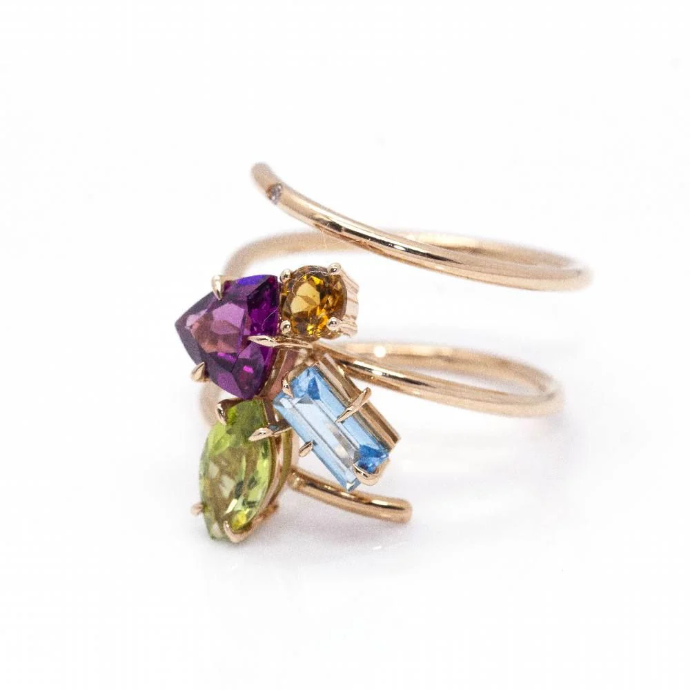 Bague Cocktail en or rose, péridot, topaze, grenat, tourmaline et diamant - Image 3