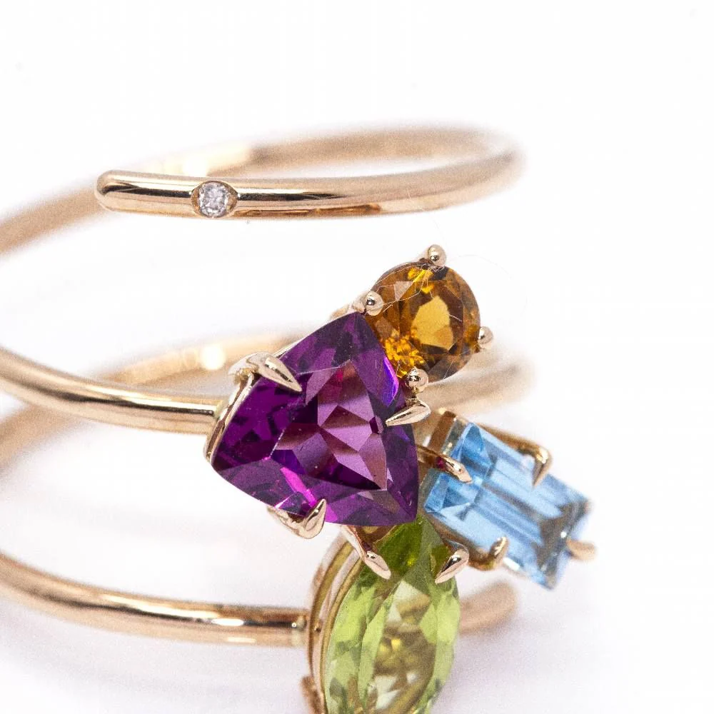 Bague Cocktail en or rose, péridot, topaze, grenat, tourmaline et diamant - Image 6