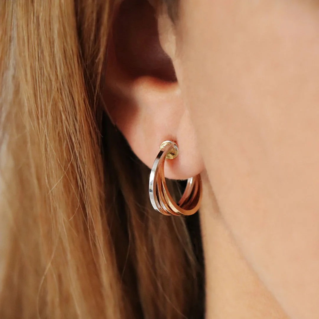 Boucles d'oreilles Créoles en or jaune, blanc et rose - Image 2