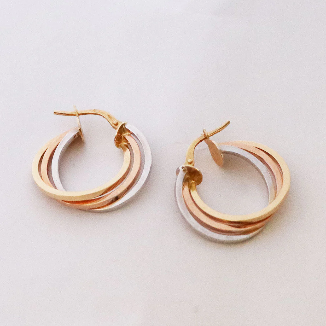 Boucles d'oreilles Créoles en or jaune, blanc et rose - Image 3