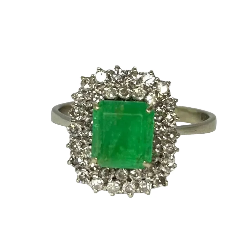 Bague Marguerite en or blanc, émeraude, et diamants