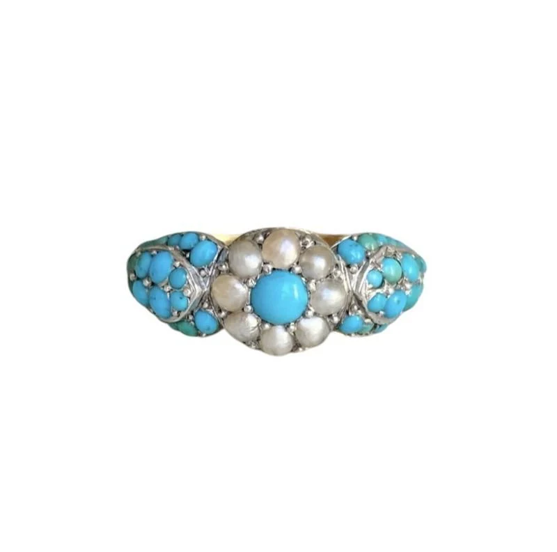 Bague Jonc en or jaune, argent, perles et turquoise