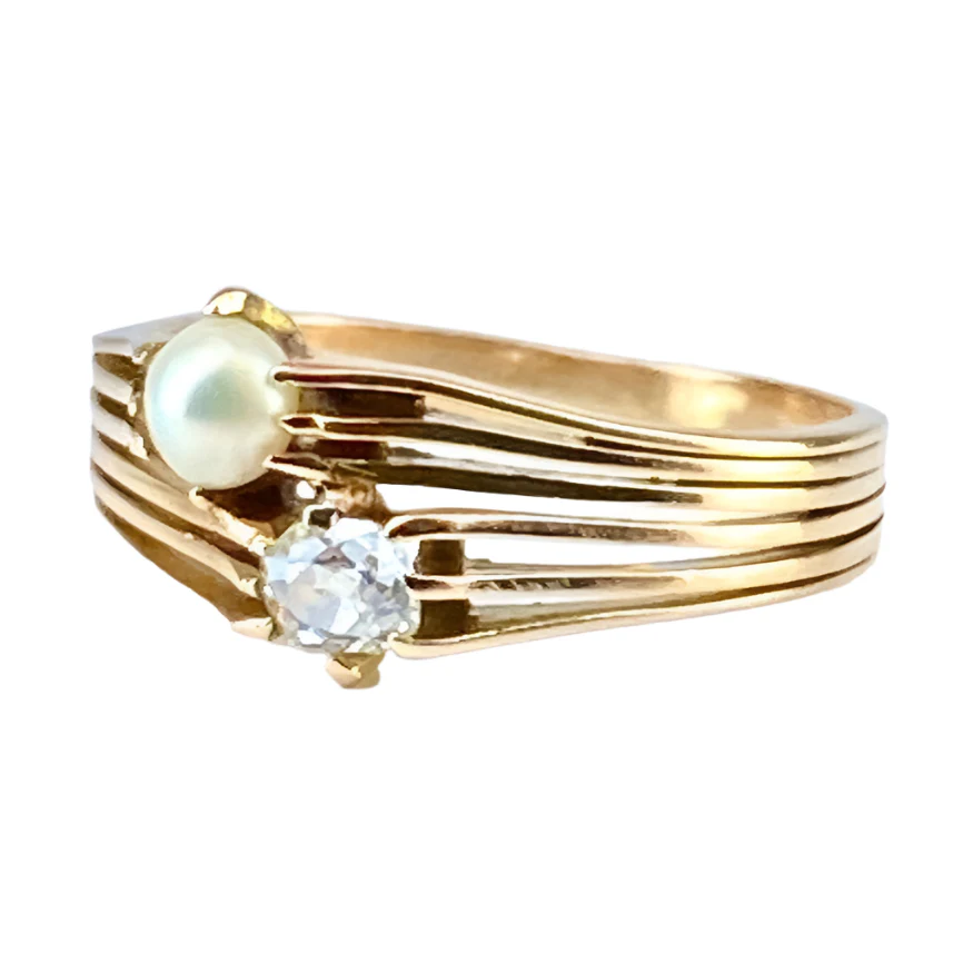 Bague  Toi & Moi en or jaune, perle et diamant - Image 3